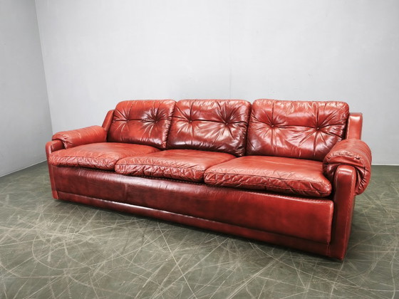 Divano tre posti in pelle rossa danese moderno anni '70, design scandinavo, Divani 3 posti, Legno, Rosso (foto 15 di 15)