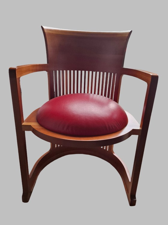 Image 1 of Frank Lloyd Wright Husser Dining Table with Six Barrel Chairs for Cassina in Cherry Wood and Red Leather