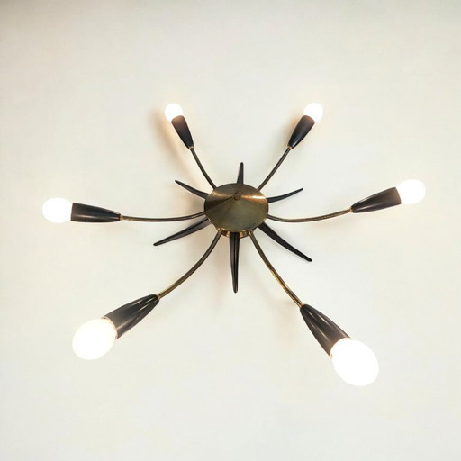 Rare Sputnik Spider ceiling light - 6-arm space age lamp from the 60s, brass & black