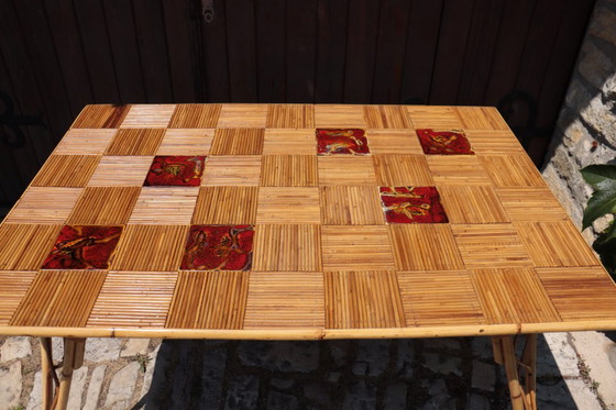 Image 1 of Table à manger rotin & céramique par Audoux Minet