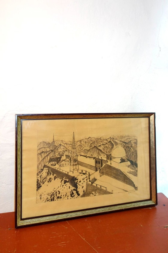 Image 1 of large 1943 signed drawing of pyrenees observatory * framed architectural mountain art * vintage wall decor