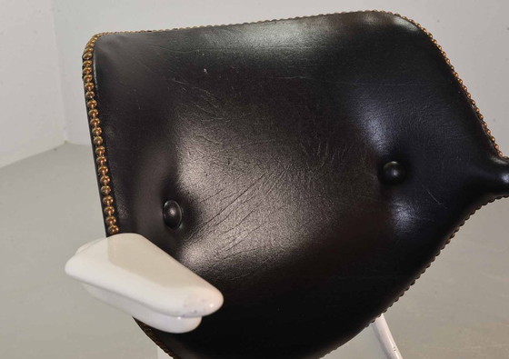 Image 1 of Louis van Teeffelen Dutch Design Pelican Arm Chair for Webe in Solid White Painted Teakwood and Black Leatherette. 