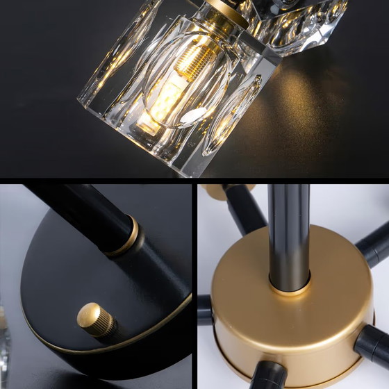 Lustre Plafonnier Cristal Noir & Doré, 8 Lumières, Métal, Hedendaags (photo 4 sur 4)