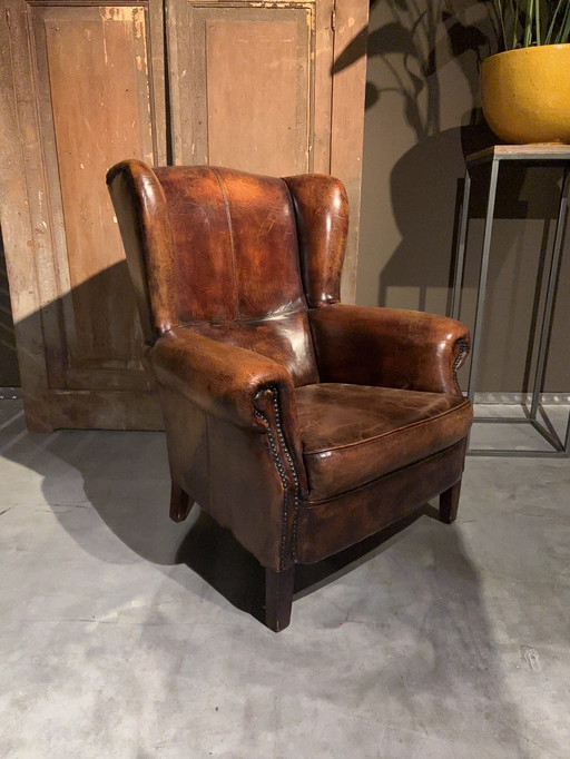Schapenleren Oorfauteuil Nieuwstaat 