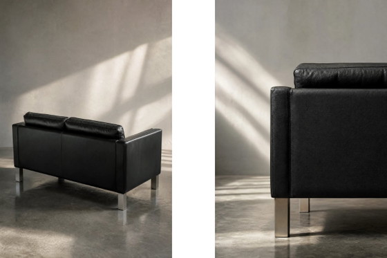 Vintage Deense tweezitsbank van zwart leer uit het midden van de 20e eeuw, Deens modern design, jaren 70 (photo 20 of 24)