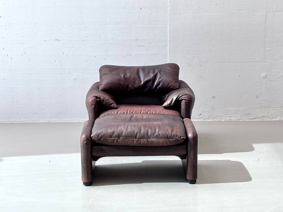 Image 1 of Maralunga Ledersessel mit Ottoman von Vico Magistretti für Cassina, Italien, 1970er Jahre