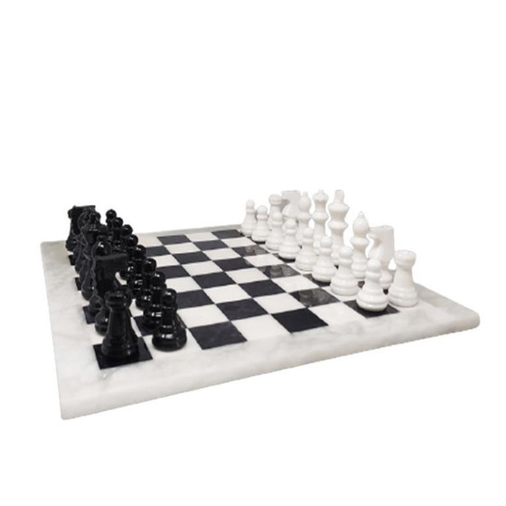 Image 1 of 1970s Gorgeous Black and White Chess Set in Volterra Alabaster Handmade Made in Italy