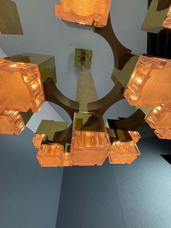 Image 1 of Lustre cubique Sciolari en laiton, édition rare, 17 lumières, Italie des années 1970