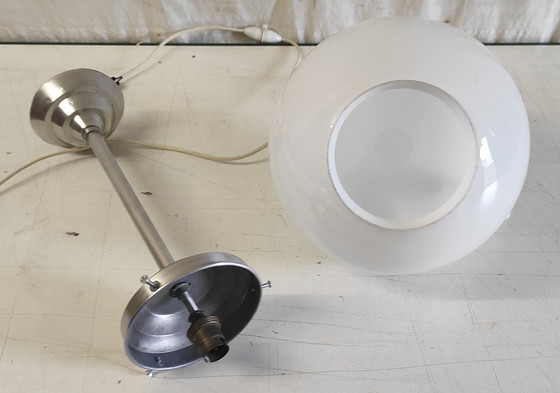 Image 1 of Bauhaus style pendant light in aluminum and opaline globe diam. 25 cm - mid. 20th century 