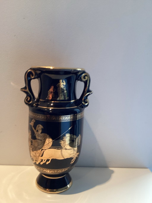 Vintage Greek vase in cobalt blue and gilded with 24-karat gold.