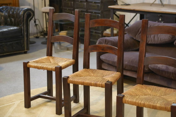 Set of 4 chairs in elm and straw by Aranjou 1950s, Dining chairs, Wood, Vintage (photo 2 of 14)