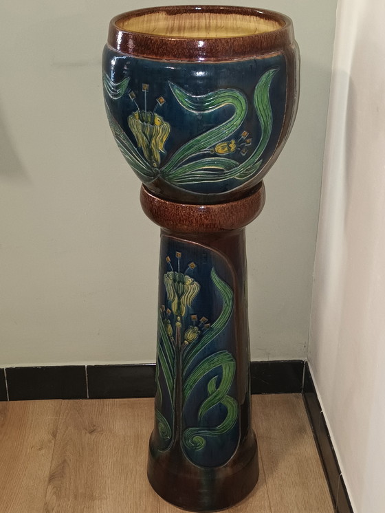 Image 1 of Antique cache-pot and column Flemish pottery