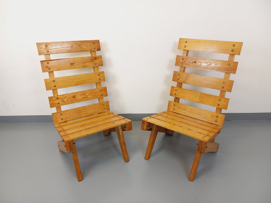 Image 1 of Pair of Vintage 60's Wooden Brutalist Slatted Chauffeured Armchairs