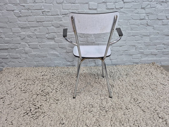 Image 1 of Vintage Brabantia Kitchen Chairs with Bakelite Armrests, White Formica with Subtle Grey Linear Texture, The Netherlands, 1960s.