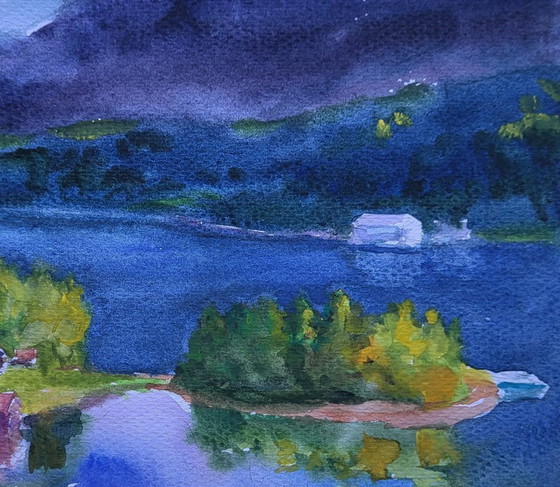 Original Watercolor Painting River Landscape Countryside Village Clouds Over Town – Paintings & Drawings (photo 5 of 7)