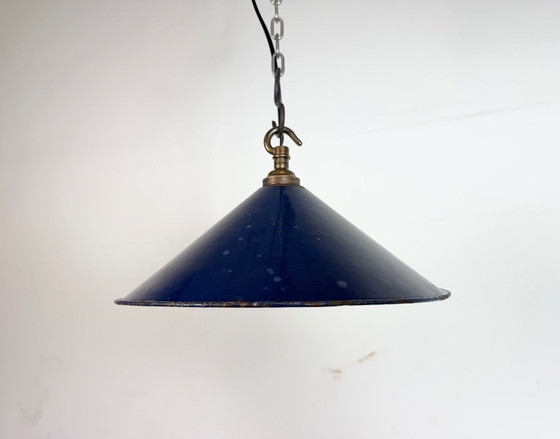 Image 1 of Lampada a sospensione industriale in smalto blu scuro, stile industriale britannico, anni '50