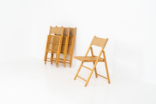 Ensemble de 4 élégantes chaises pliantes en osier et jute (Allemagne, années 1970)