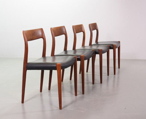 Mid-Century Scandinavian Niels Otto Moller Teak Wooden Dining Chairs with Black Leather Upholstery, Model 77. Set of 4.