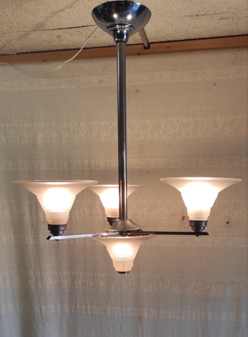 Art Deco kroonluchter met 4 lampen, gemaakt van metaal en glas - jaren 1930/40