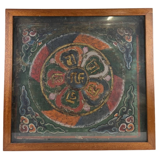61x65 cm Antico Mandala Thangka Tibetano | Ranjana Mantra | 9 kg Arte da Parete