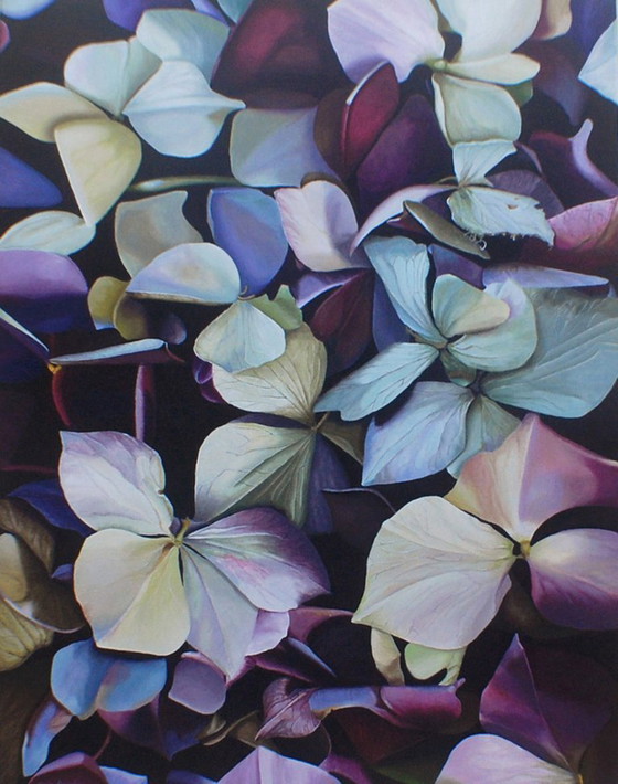 Image 1 of Realistic Hydrangea Painting: Moody Purple Blue Floral Wall Art, Detailed Flower Botanical Decor