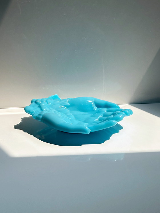 Image 1 of Vallérysthal Ciotola opalina Vide Poche Mani Vite Art Nouveau Vetro Opale Vetro Latte Blu Celeste 1900