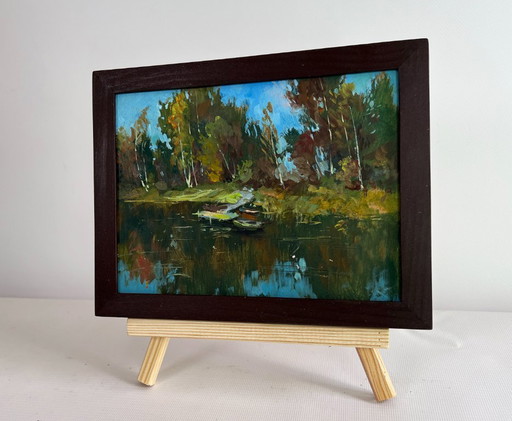 Original Oil Painting Coastal Forest Landscape Flowing among the trees