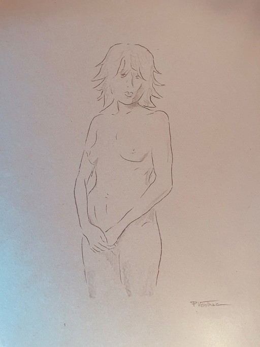 Signed drawing of a female nude, "sketch in notebook, hands down," on antique cardboard