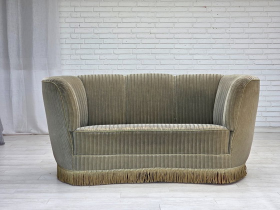 Image 1 of 1970s, Danish 2-seater curved sofa, original furniture velour, beech wood.