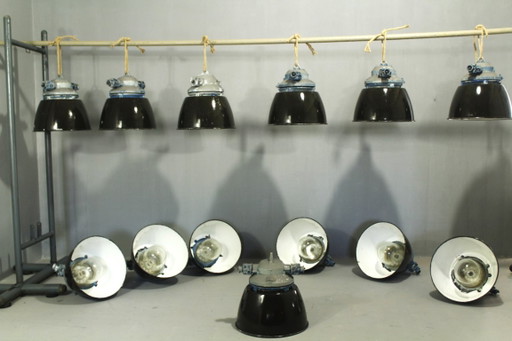 Set of 13, Industrial Lighting Fixtures, Bohemia, 1970s – plafondlampen, Glass, Metal