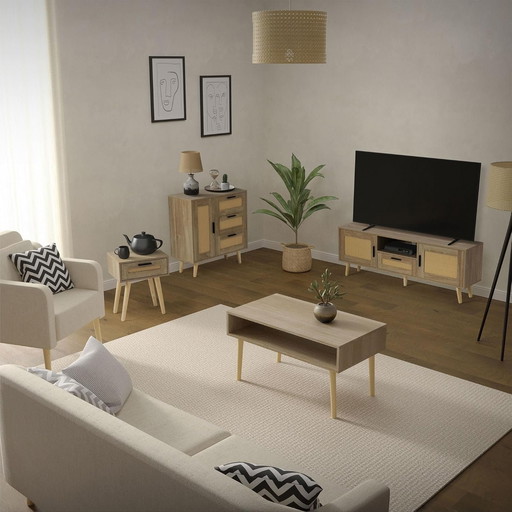 ML-Design Commode TV 160x50,5x30 cm Aspect Chêne, avec 2 Portes, Tiroir, Étagère, Façade en Rotin, Pieds en Bois Massif, Table B
