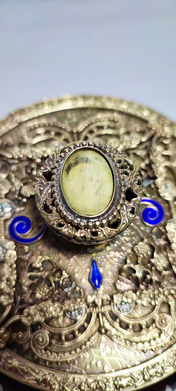 Image 1 of Scatola per gioielli in vetro e metallo E&JB Empire Gold Art. USA, anni '20.