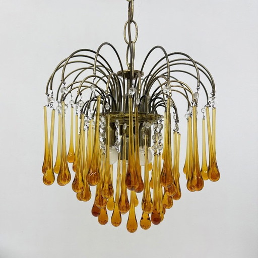 Mid- century design murano amber glass tear drop chandelier , 1970s
