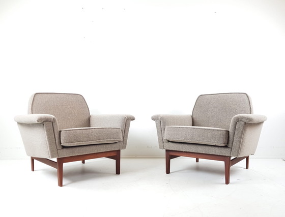 Image 1 of Set di divani vintage in legno di teak | divano + 2 poltrone in lana beige De Ploeg