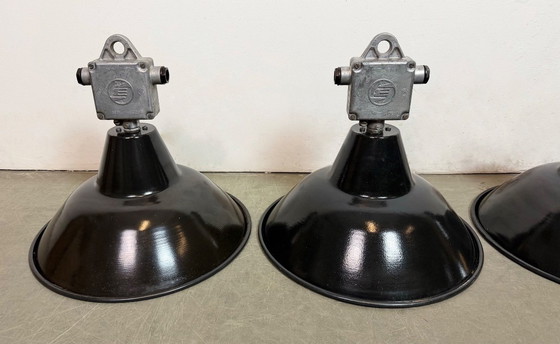 Image 1 of Set of 4 Industrial Black Enamel Pendant Lamps from Elektrosvit, 1960s
