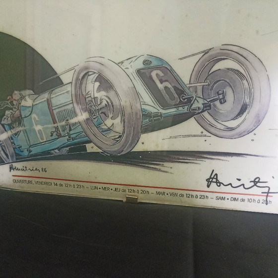 Image 1 of Póster retromóvil original firmado a mano de 1986 - François Bruère - enmarcado detrás de un cristal.