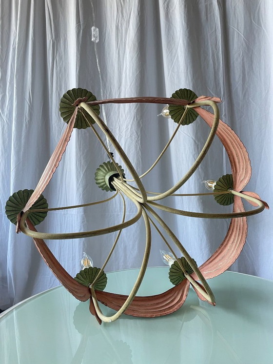 Image 1 of Vintage kroonluchter in romantische stijl met 6 armen, gemaakt van geëmailleerd plaatmetaal, Italië 1950.