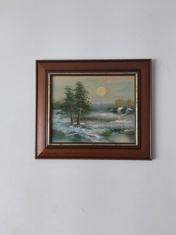 Image 1 of Dipinto vintage degli anni '70/'80, paesaggio invernale, olio su tela, cornice in legno.