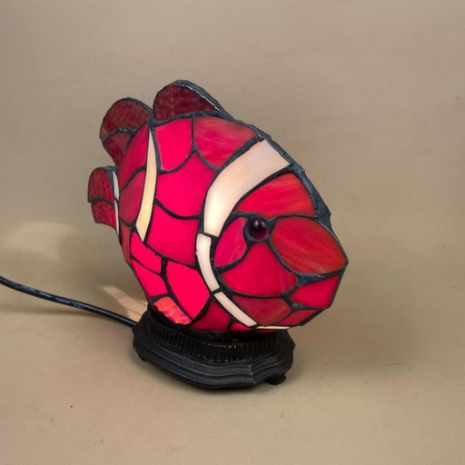 Tiffany Style Clown Fish Lamp Light Bedside Table Patterned Glass Shade Metal Base Brass Antique Pattern Vintage Lampshade Multi