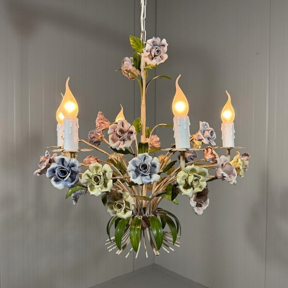 Image 1 of Italian chandelier with porcelain flowers 1950s