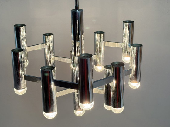 Image 1 of Mid-Century Design Large Sciolari Chandelier with Chromed Frame, Italy, 1970s