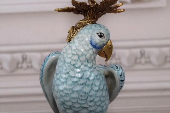 Lussuosa coppia di Portacandele pappagallo in porcellana blu con bronzo – Dipinti a mano e finitura craquelé (photo 7 of 10)