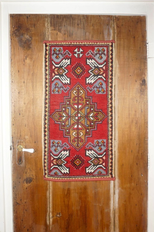 vintage turkish anatolian rug * tribal geometric wool rug * red small runner * village carpet * folk art textile