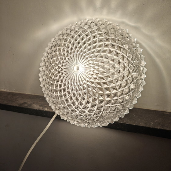 Image 1 of Vintage Diamond Cut Glass Ceiling Light | Mid Century Flush Mount | Space Age Style | 26 cm