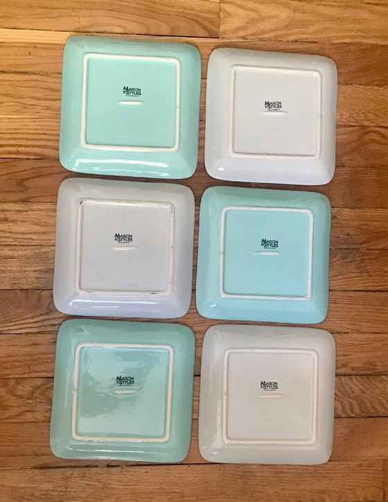 Image 1 of Set di 6 piatti quadrati turchesi e grigi per la cena