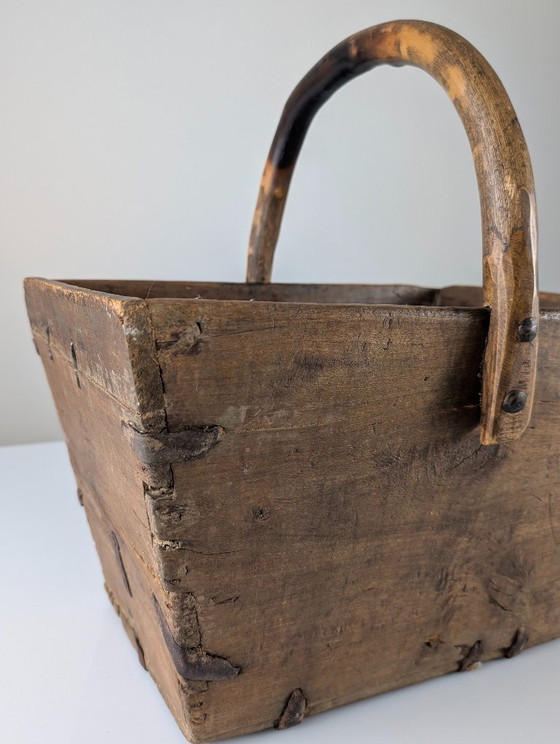 Image 1 of Antique Wooden Log Basket with Hand-Forged Hardware, Wabi-Sabi, 19th Century