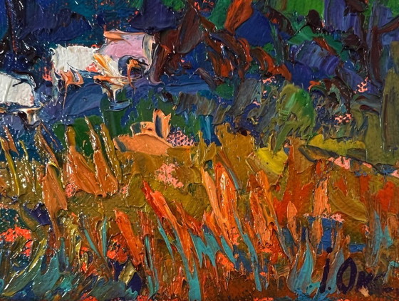Image 1 of Original Oil Painting Summer Sunset Landscape Forest Evening