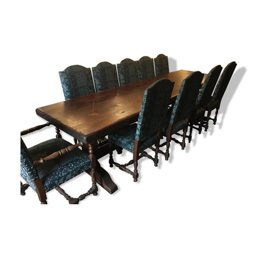 Monastery table + 9 chairs and 2 Louis XIII armchairs in oak.