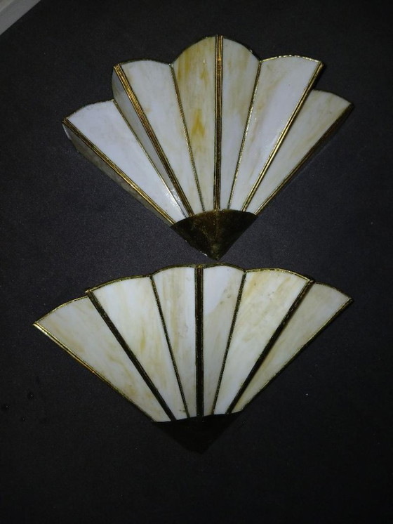 Image 1 of 2 TIFFANY-STYLE ART DECO FAN-SHAPED WALL LIGHTS IN VINTAGE GLASS PASTE