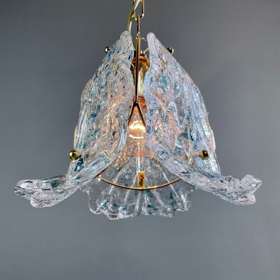 Image 1 of 1990s Murano glass pendant light three leaves with blue glass shards. New old stock. Never used.